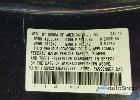 2014 Honda Accord Lx from USA, damaged, VIN 1HGCR2F3XEA200273
